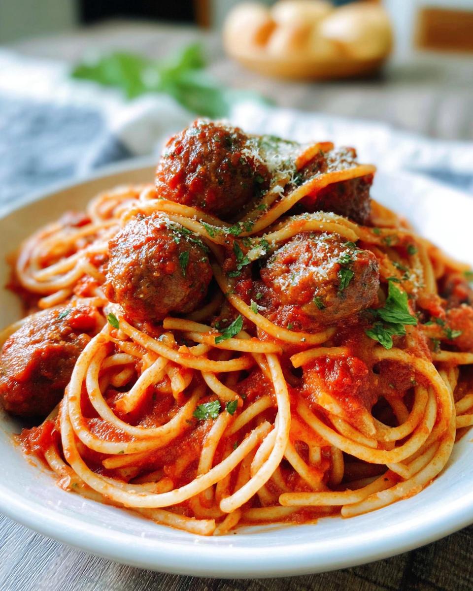 Nahaufnahme von Spaghetti mit Fleischbällchen in Tomatensauce, bestreut mit Parmesan und Petersilie.