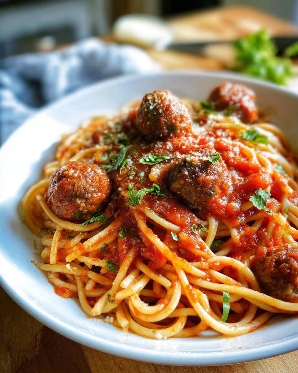 Nahaufnahme von Spaghetti mit Fleischbällchen in Tomatensauce, bestreut mit Parmesan und Kräutern.