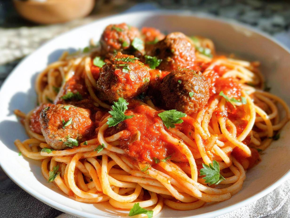 Nahaufnahme von Spaghetti mit Fleischbällchen in reichhaltiger Tomatensauce, garniert mit Petersilie.