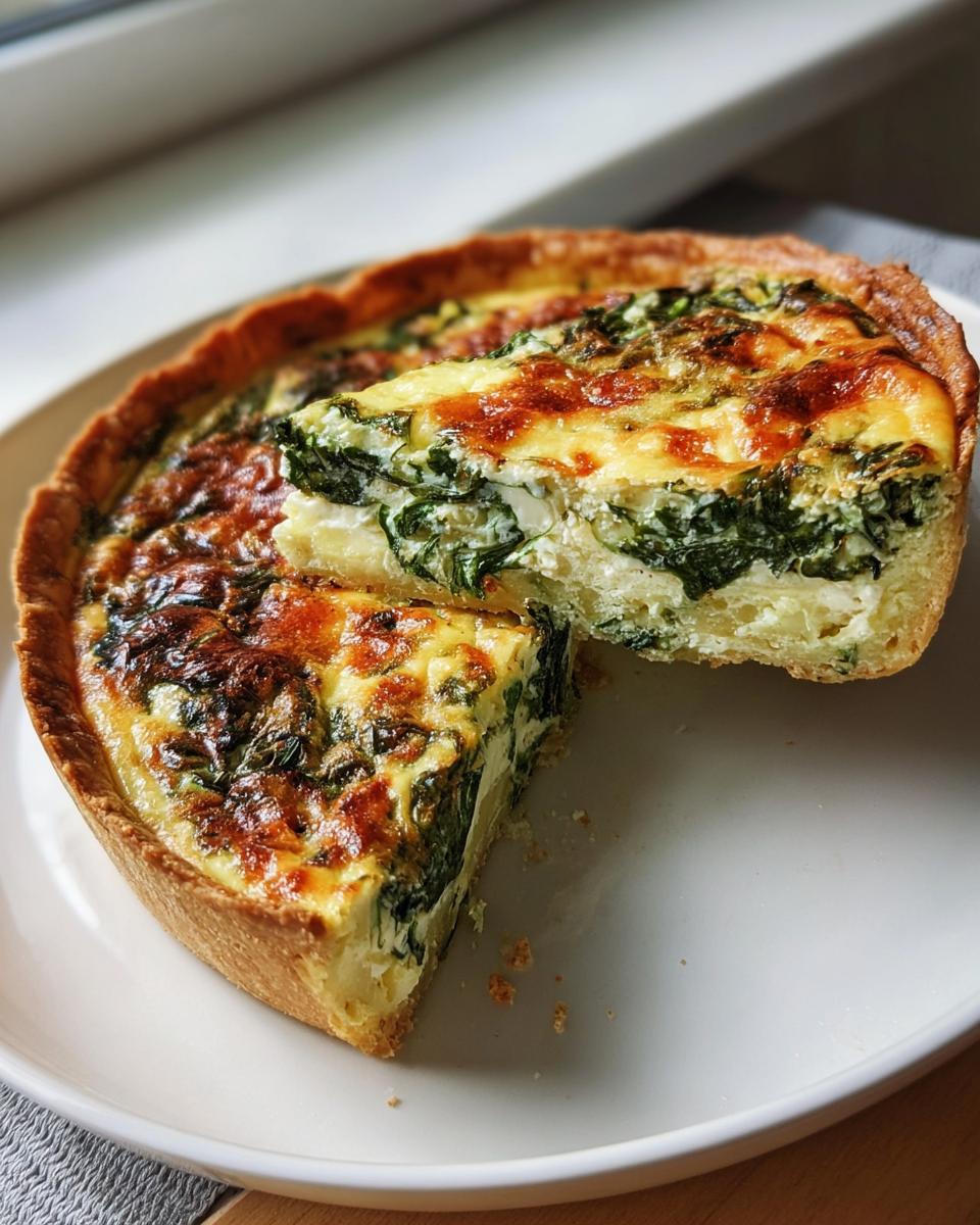 Eine ganze Spinat-Feta-Quiche schnell & einfach mit einem angeschnittenen Stück auf einem weißen Teller.