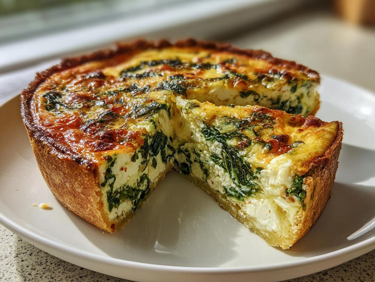 Eine goldbraun gebackene Spinat-Feta-Quiche schnell & einfach, von der ein Stück herausgeschnitten wurde.
