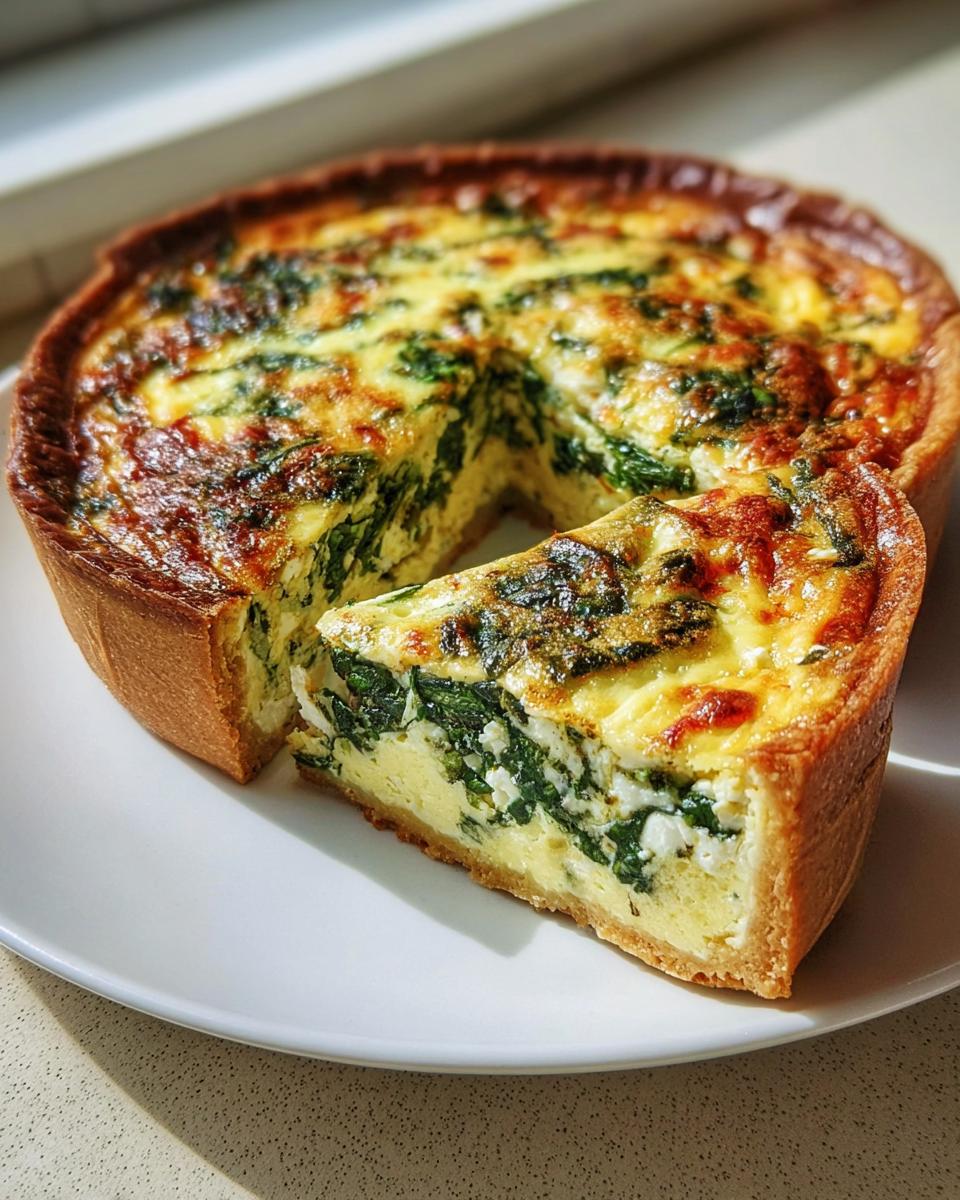 Eine goldbraun gebackene Spinat-Feta-Quiche schnell & einfach, mit einem Stück herausgeschnitten auf einem weißen Teller.