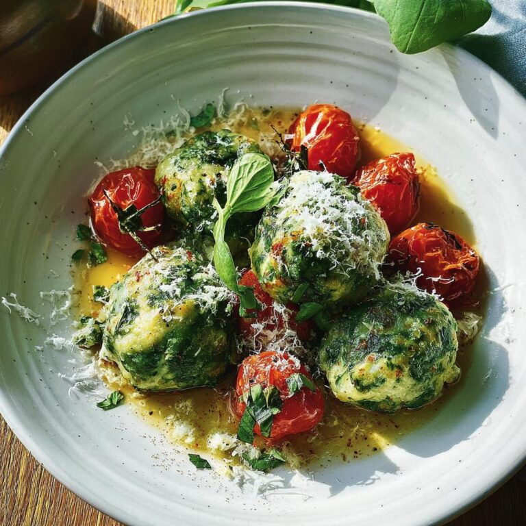 Vier grüne Spinatknödel mit zerlassener Butter, geriebenem Parmesan und gerösteten Kirschtomaten: Spinatknödel mit Butter & Parmesan.