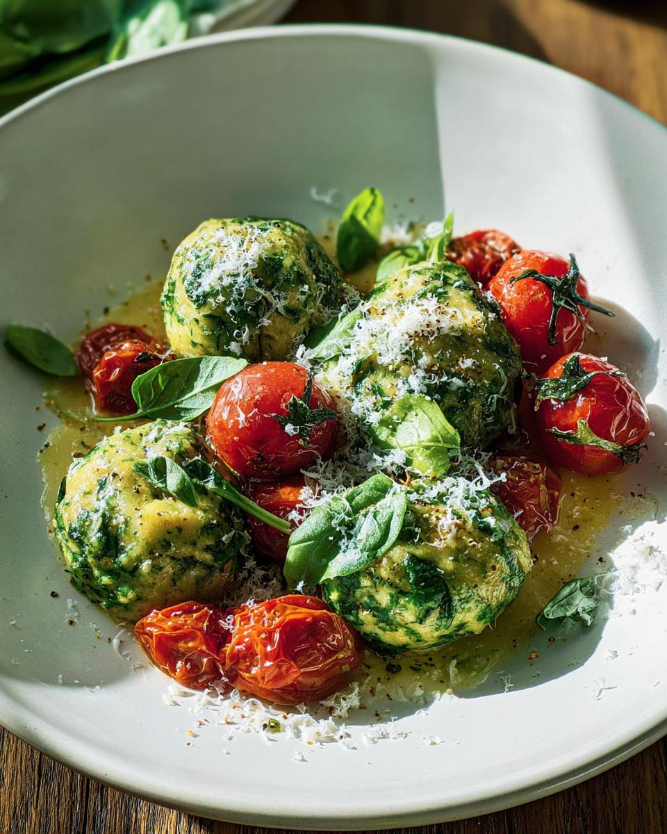 Vier grüne Spinatknödel mit Butter, Parmesan und gebratenen Kirschtomaten serviert.