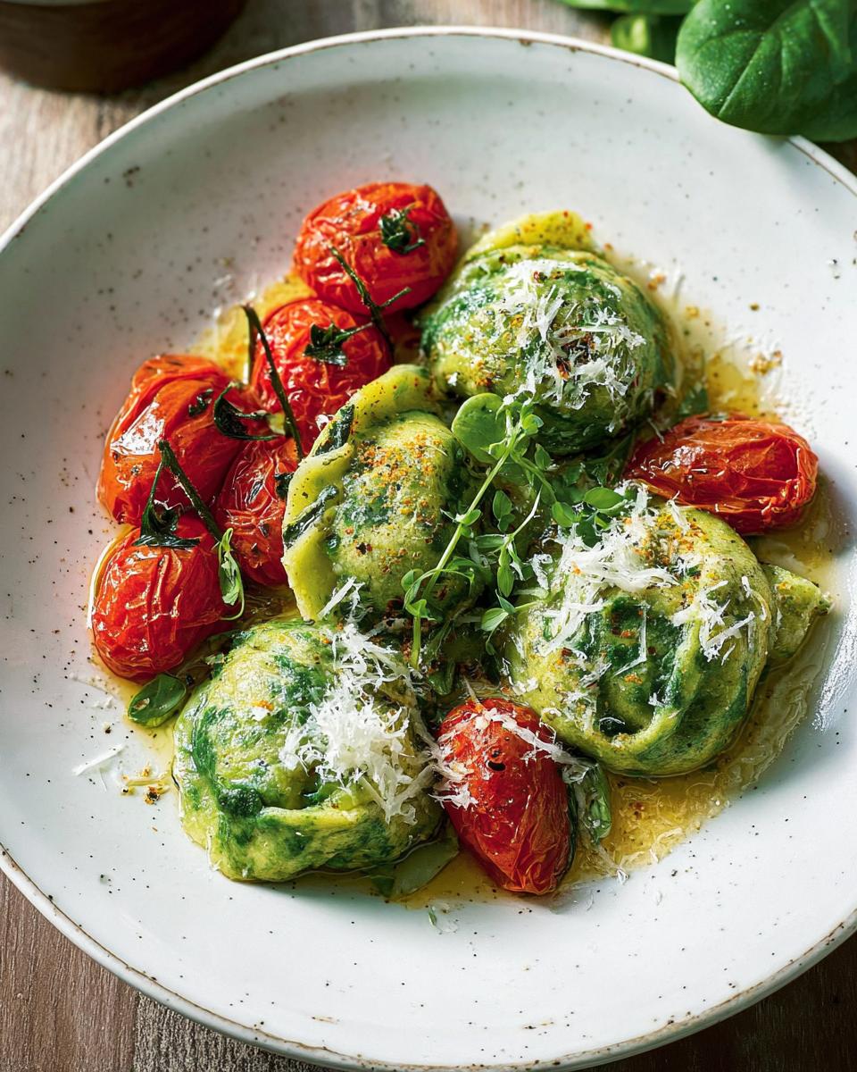 Teller mit grünen Spinatknödel mit Butter & Parmesan, serviert mit gerösteten Kirschtomaten.