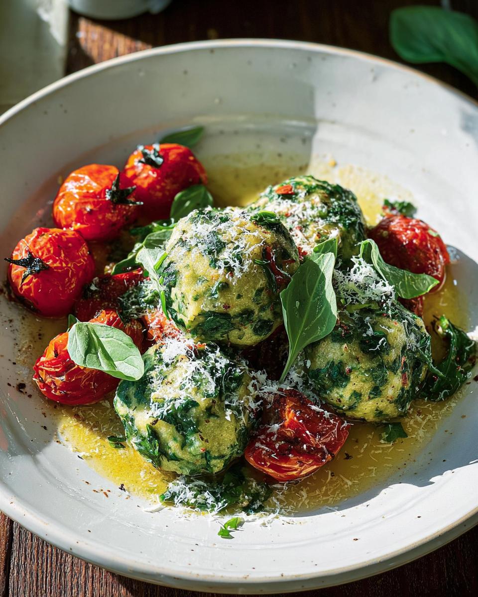 Fünf Spinatknödel mit Butter, Parmesan und gebratenen Kirschtomaten angerichtet.