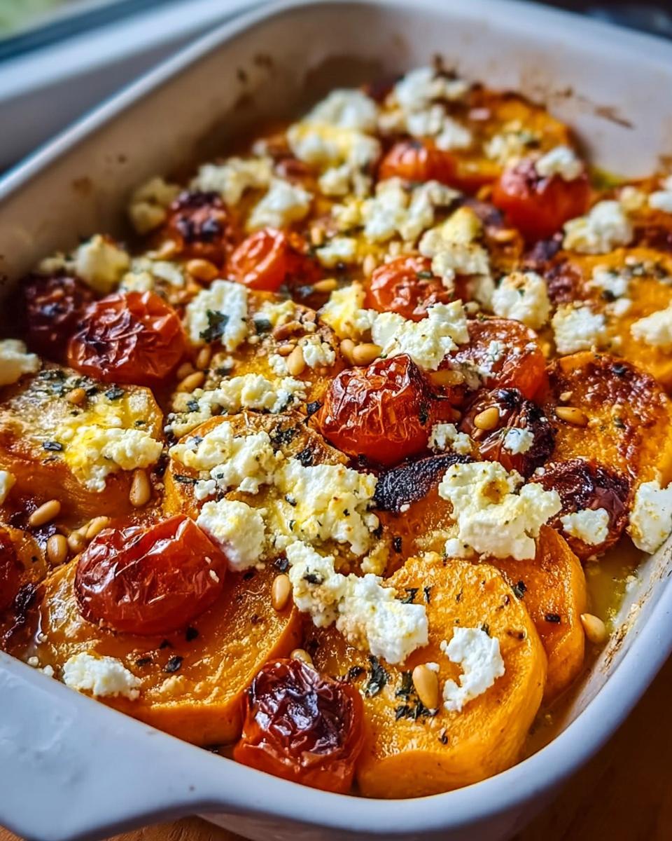 Nahaufnahme des fertigen Süßkartoffel-Feta-Blechgericht mit gebackenen Kirschtomaten und Pinienkernen.