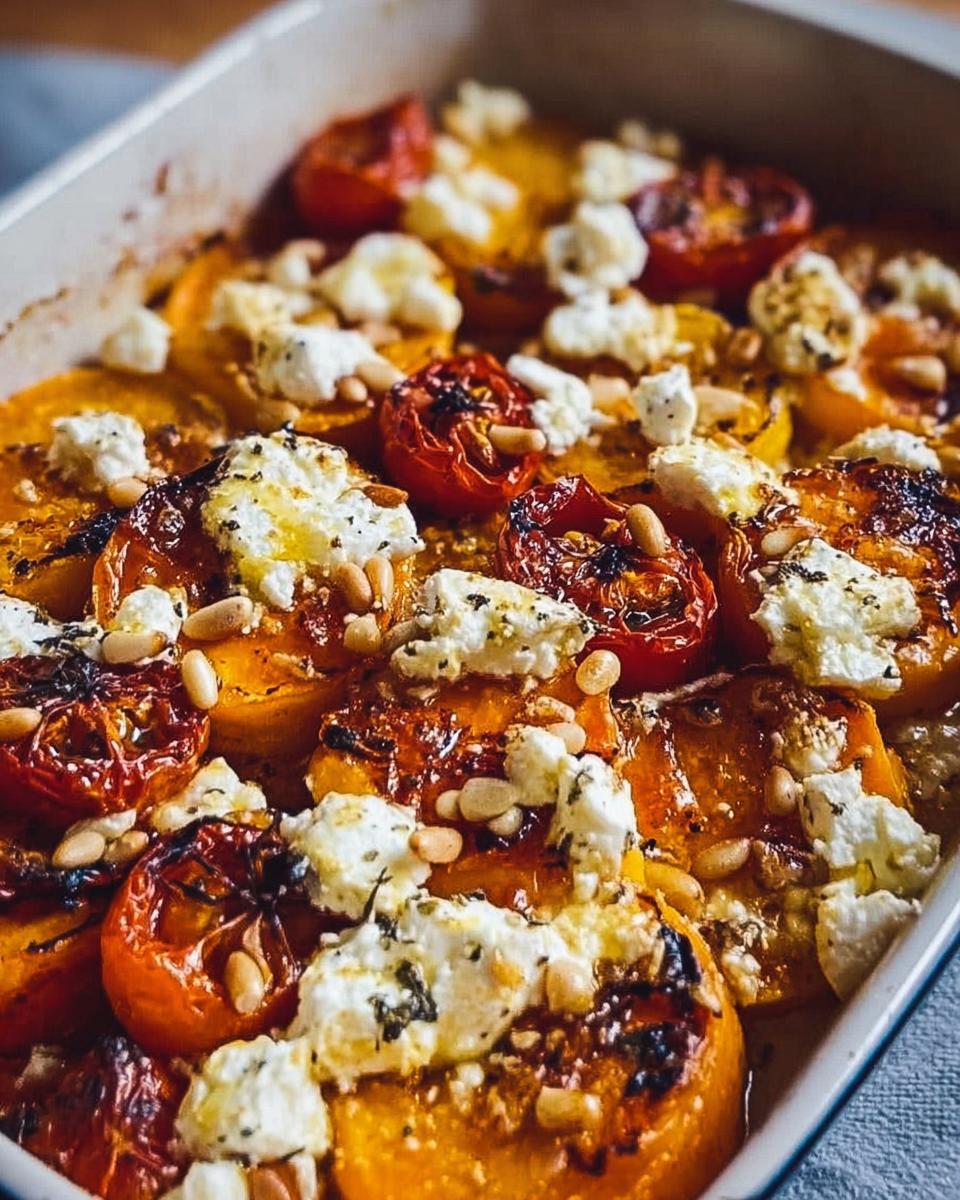 Nahaufnahme des fertigen Süßkartoffel-Feta-Blechgerichts mit gerösteten Tomaten und Pinienkernen.