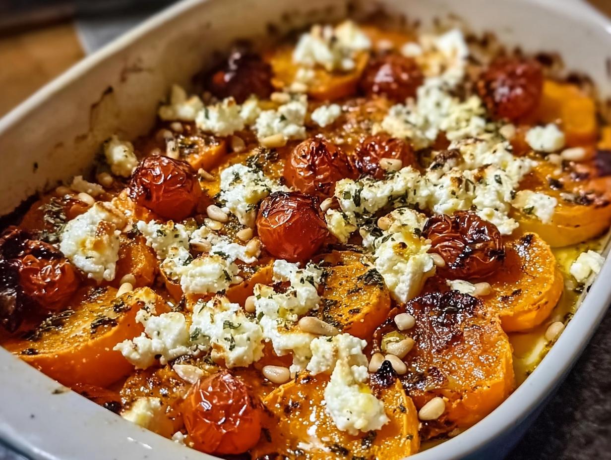 Nahaufnahme des fertigen Süßkartoffel-Feta-Blechgerichts mit gebackenen Kirschtomaten und Pinienkernen.