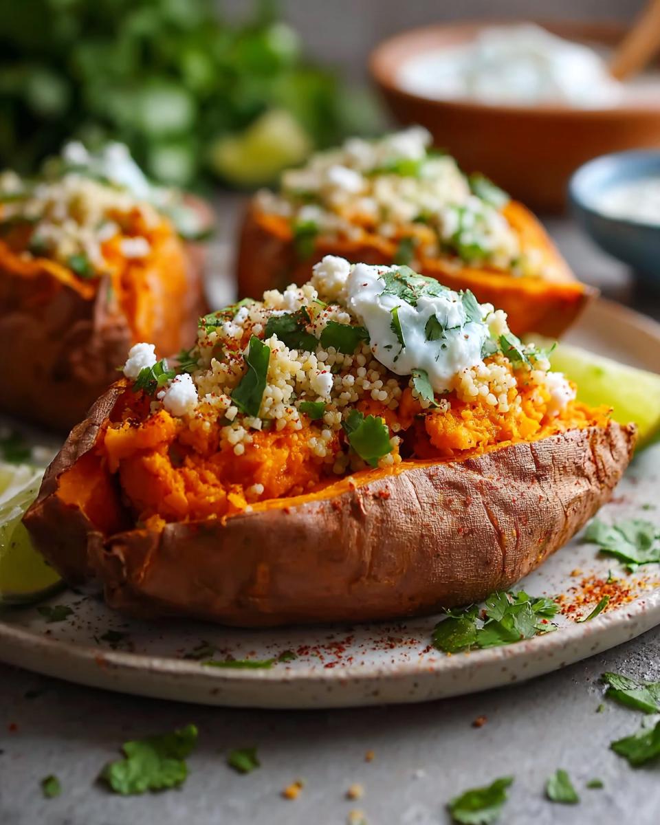 Nahaufnahme von gebackenen Süßkartoffeln aus dem Ofen, gefüllt mit Couscous, Feta und einem Klecks Dip.