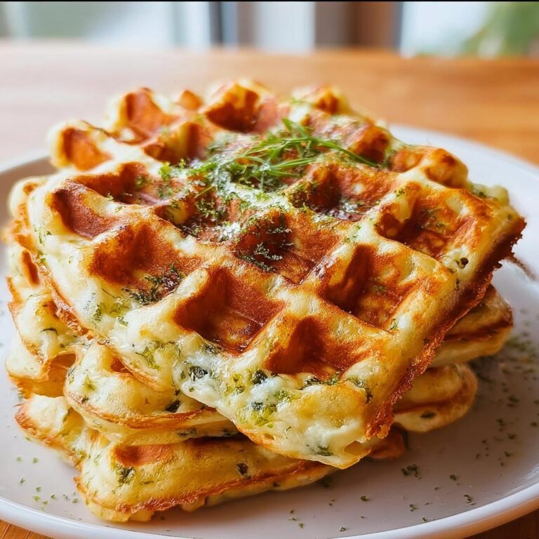 Ein Stapel goldbrauner Herzhafte Waffeln mit Käse & Kräutern, garniert mit frischen grünen Kräutern.