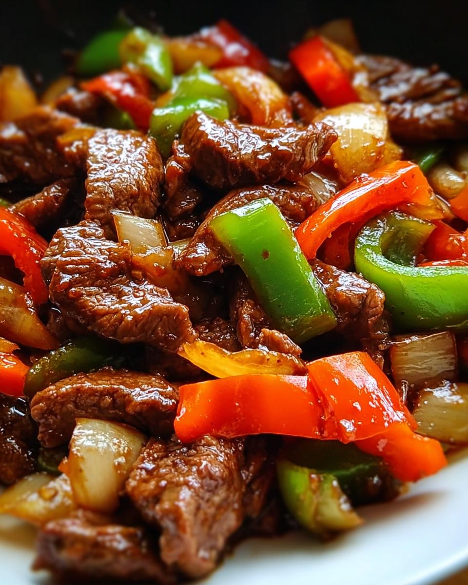 Nahaufnahme von saftigen Rindfleischstücken mit leuchtend roten und grünen Paprikastreifen in einer dunklen Soße: Stir-Fry mit Rindfleisch & Paprika.