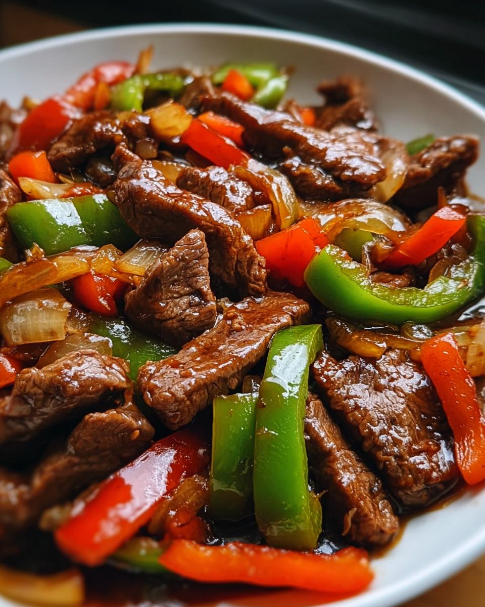 Nahaufnahme eines köstlichen Stir-Fry mit Rindfleisch & Paprika in einer dunklen Soße.