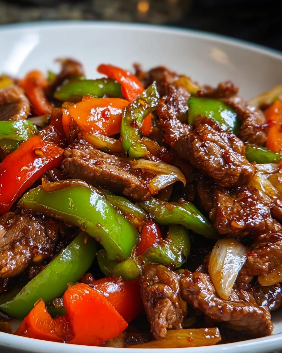Nahaufnahme von glänzendem Stir-Fry mit Rindfleischstücken und bunten Paprikastreifen (rot und grün).