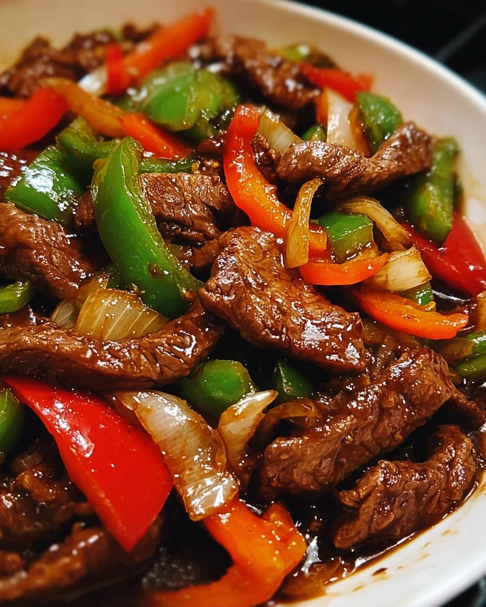 Nahaufnahme eines köstlichen Stir-Fry mit Rindfleisch & Paprika, bedeckt mit einer dunklen Soße.
