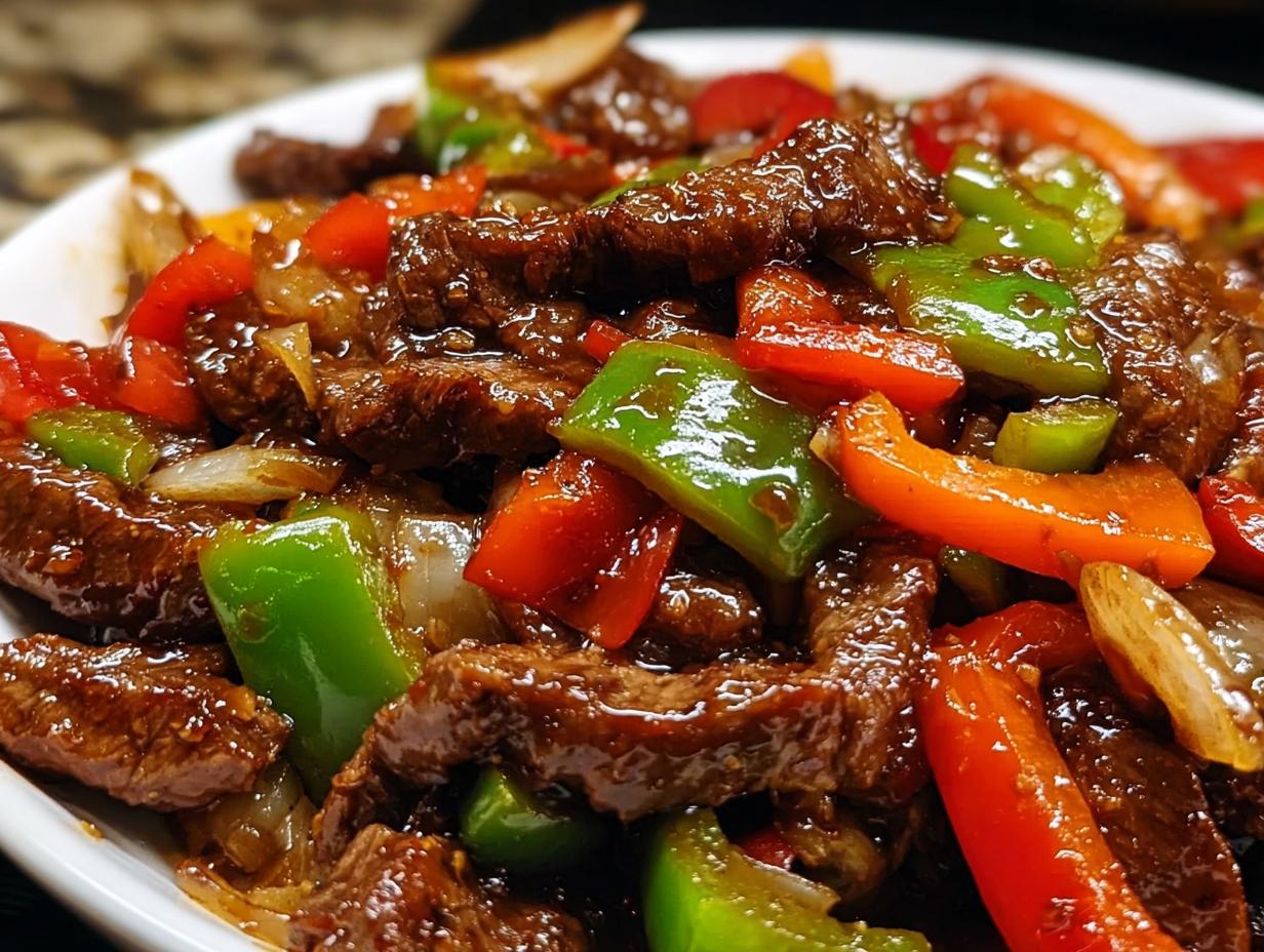 Nahaufnahme von saftigem Stir-Fry mit Rindfleisch und bunten Paprikastreifen in dunkler Soße.
