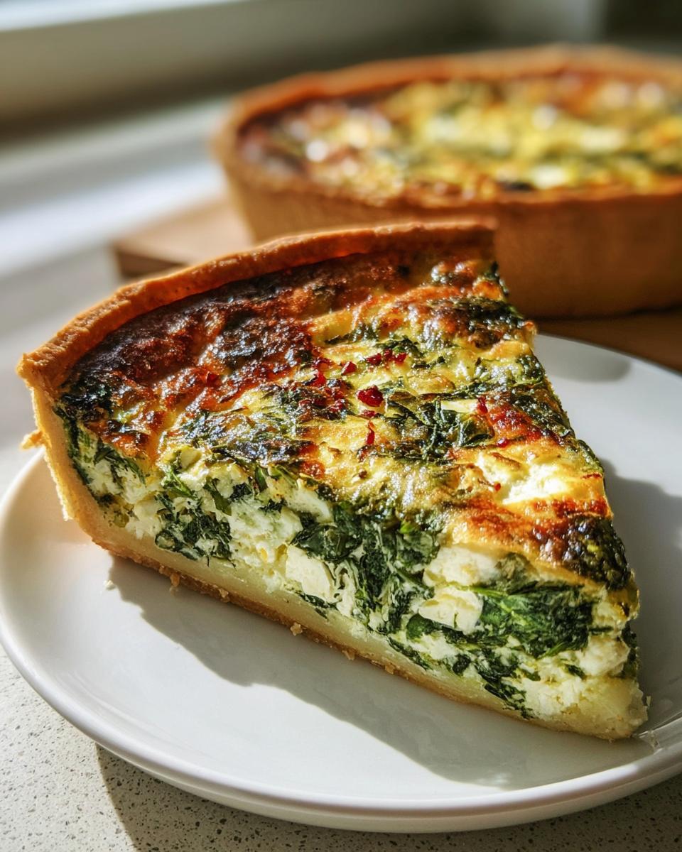 Nahaufnahme eines Stücks Spinat-Feta-Quiche schnell & einfach mit goldbraun gebackener Kruste auf einem weißen Teller.