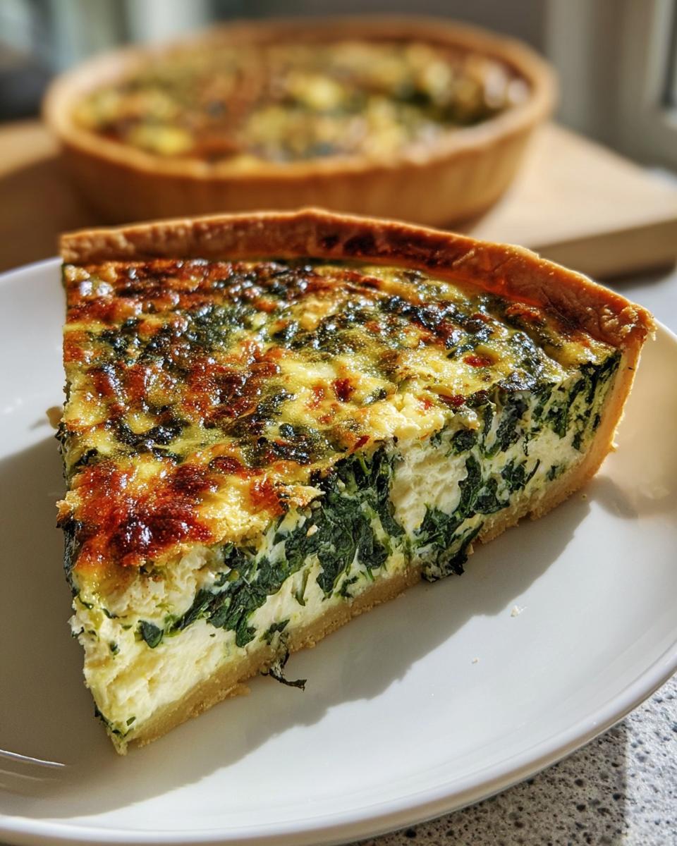Ein angeschnittenes Stück Spinat-Feta-Quiche schnell & einfach mit goldbraun gebackener Kruste auf einem weißen Teller.