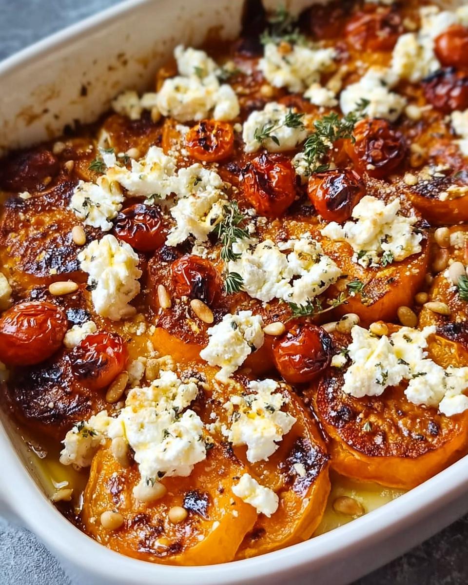 Nahaufnahme des fertigen Süßkartoffel-Feta-Blechgerichts mit gebackenen Tomaten und Feta.
