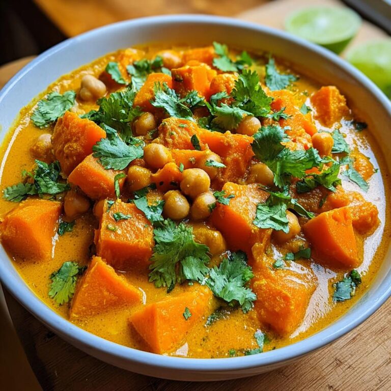 Nahaufnahme eines Schüssel mit cremigem Süßkartoffel-Curry mit Kichererbsen und frischem Koriander.