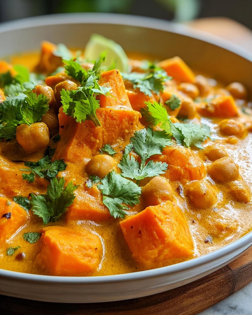 Nahaufnahme von cremigem Süßkartoffel-Curry mit Kichererbsen und frischem Koriander.