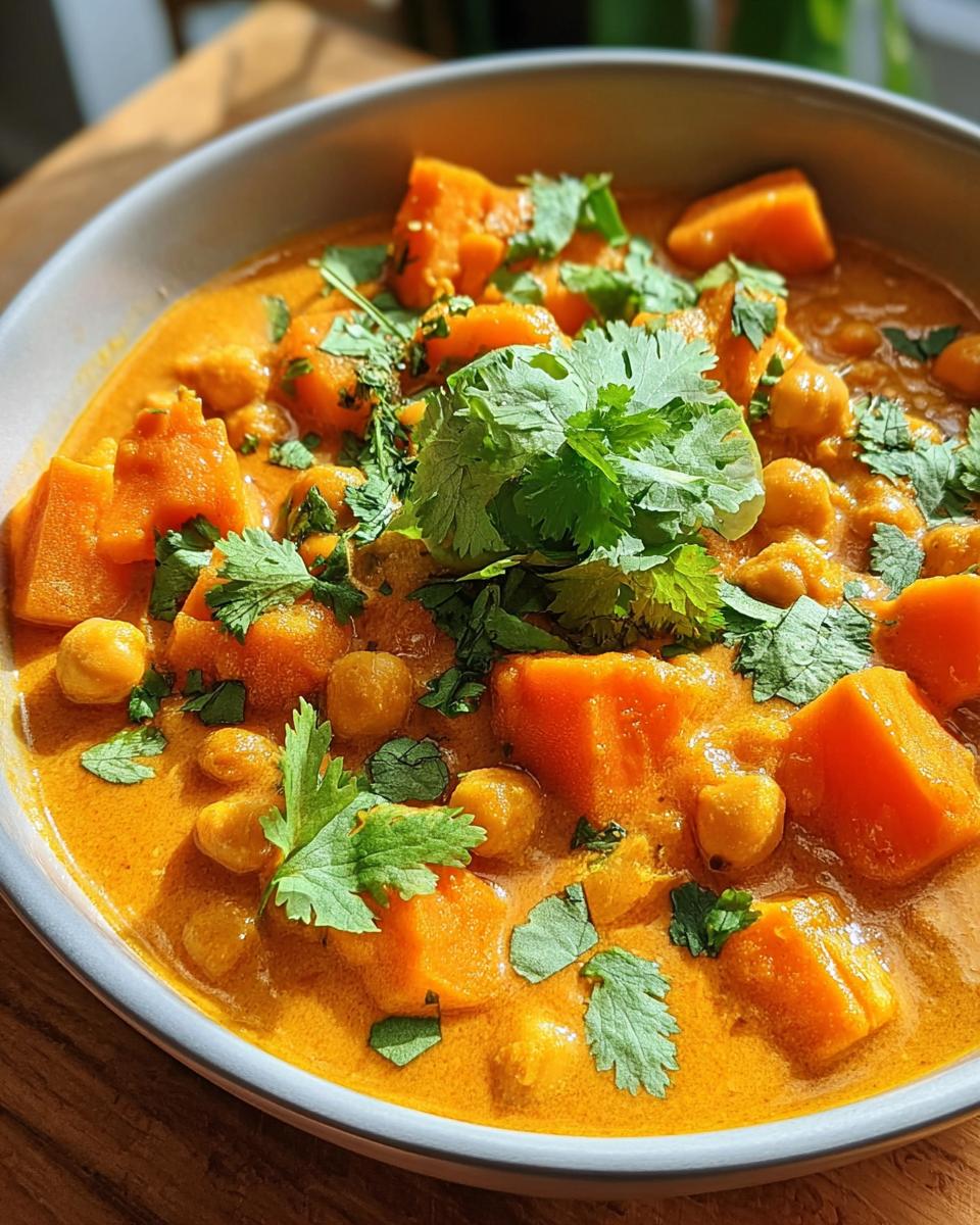 Nahaufnahme von cremigem Süßkartoffel-Curry mit Kichererbsen und frischem Koriander.