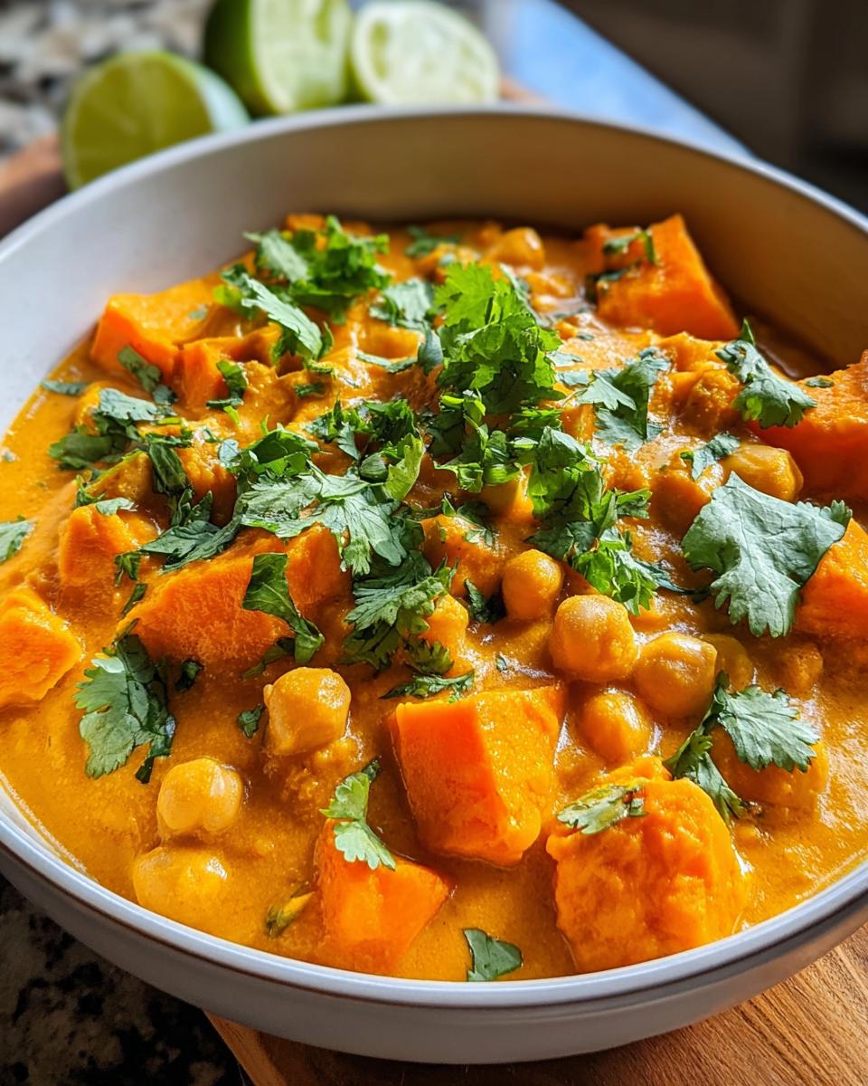Nahaufnahme eines cremigen Süßkartoffel-Curry mit Kichererbsen und frischem Koriander.