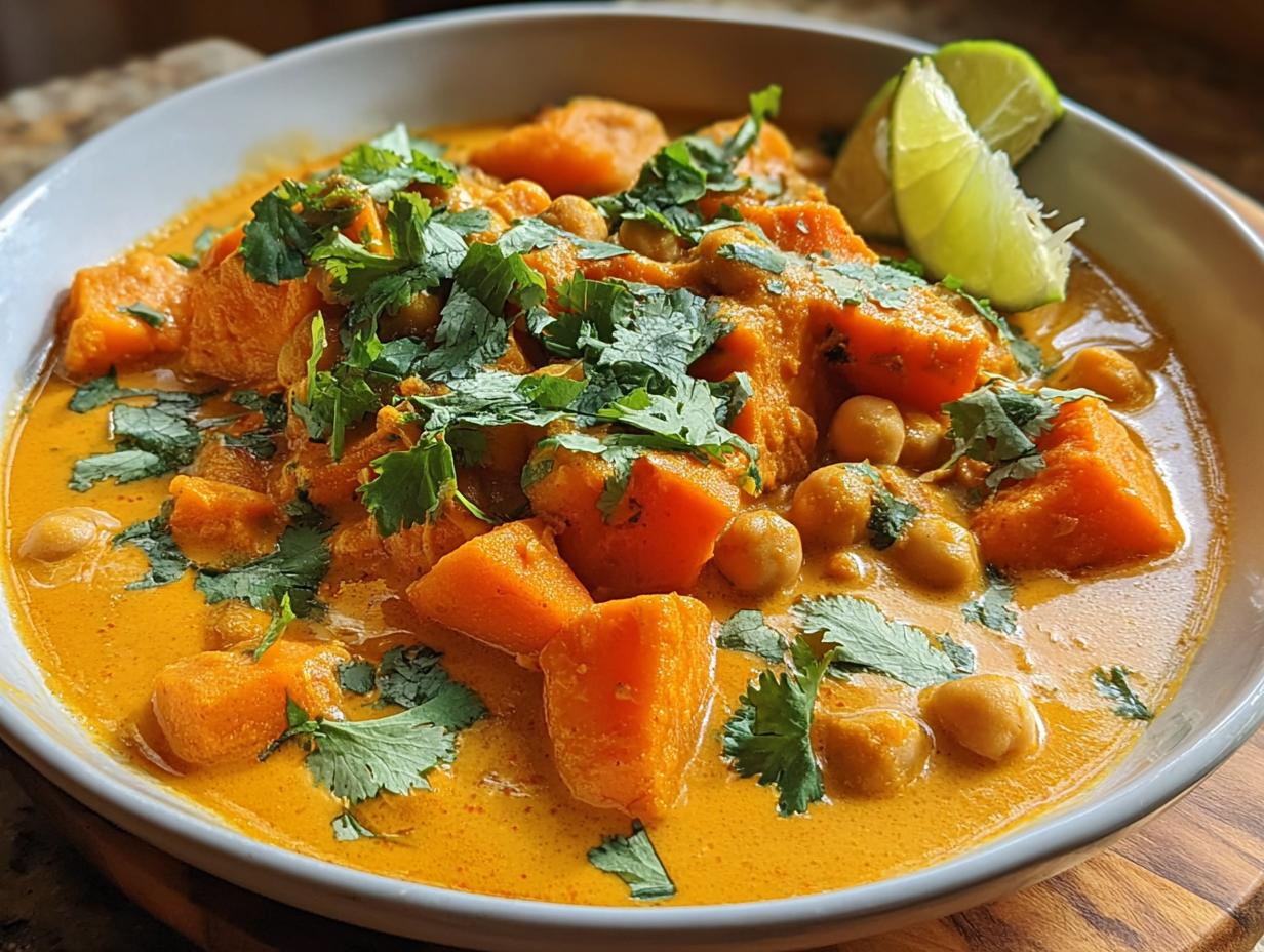 Nahaufnahme von cremigem Süßkartoffel-Curry mit Kichererbsen, garniert mit Koriander und Limettenspalten.