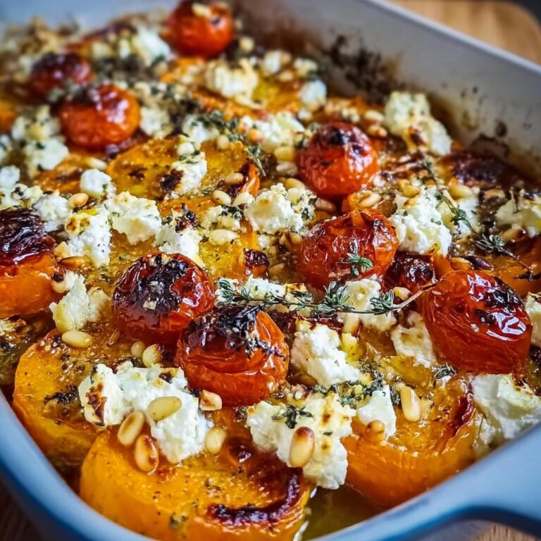 Nahaufnahme eines gebackenen Süßkartoffel-Feta-Blechgerichts mit gerösteten Kirschtomaten und Pinienkernen.