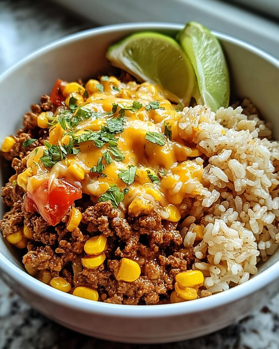 Nahaufnahme einer Schüssel mit Taco-Pfanne mit Hack, Mais & Bohnen, braunem Reis, geschmolzenem Käse und Limettenspalten.