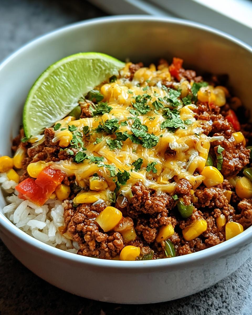 Eine Schüssel mit Taco-Pfanne mit Hack, Mais & Bohnen über Reis, bedeckt mit geschmolzenem Käse und Koriander, garniert mit einer Limettenspalte.