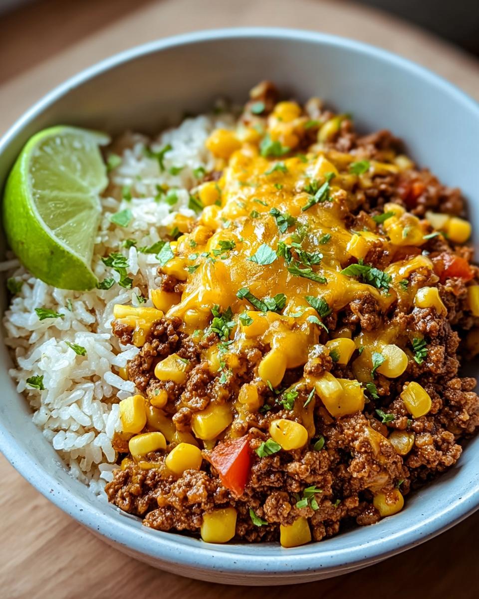 Nahaufnahme einer Taco-Pfanne mit Hack, Mais & Bohnen, serviert auf Reis mit geschmolzenem Käse und einer Limettenspalte.