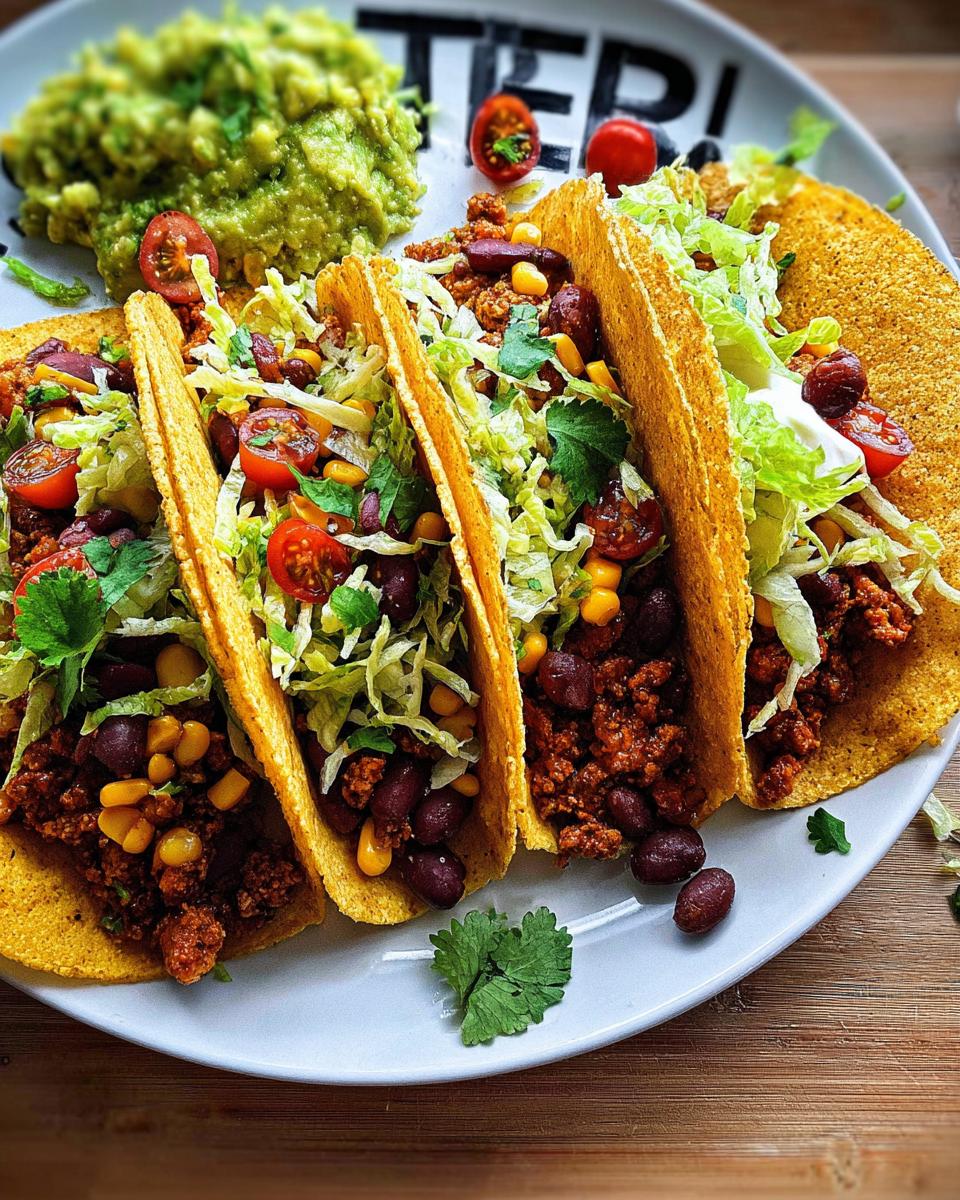 Vier gefüllte Tacos mit Hackfleisch, Bohnen, Mais, Salat und Tomaten, serviert mit Guacamole.