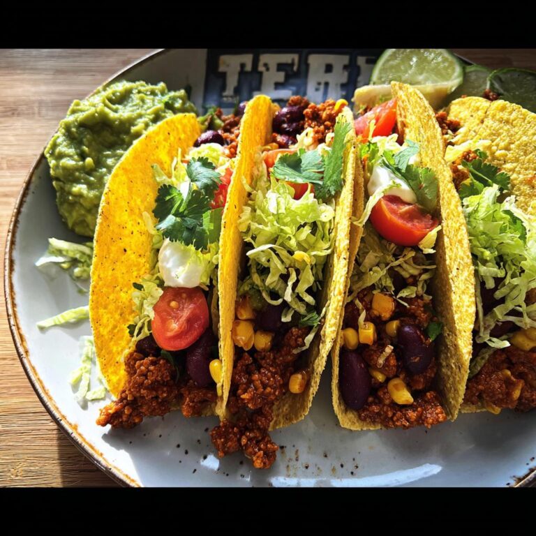 Vier gefüllte, knusprige Tacos mit Bohnen, Mais, Salat und Tomaten, serviert mit Guacamole.