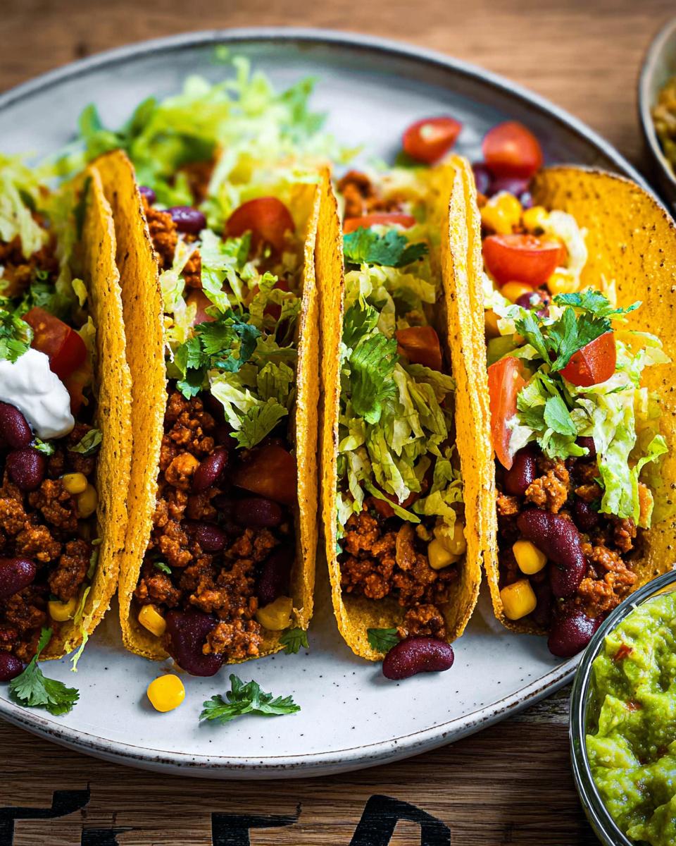 Vier gefüllte Tacos mit Hackfleisch, Bohnen, Mais, Salat und Tomaten, serviert mit Guacamole.