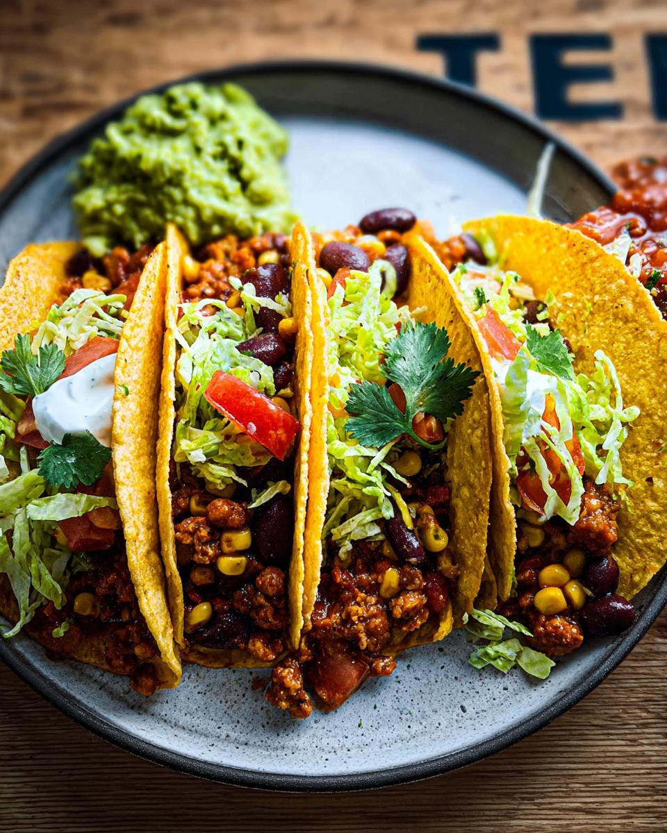 Nahaufnahme von drei knusprigen Tacos gefüllt mit Hackfleisch, Bohnen, Mais und Salat, serviert mit Guacamole.