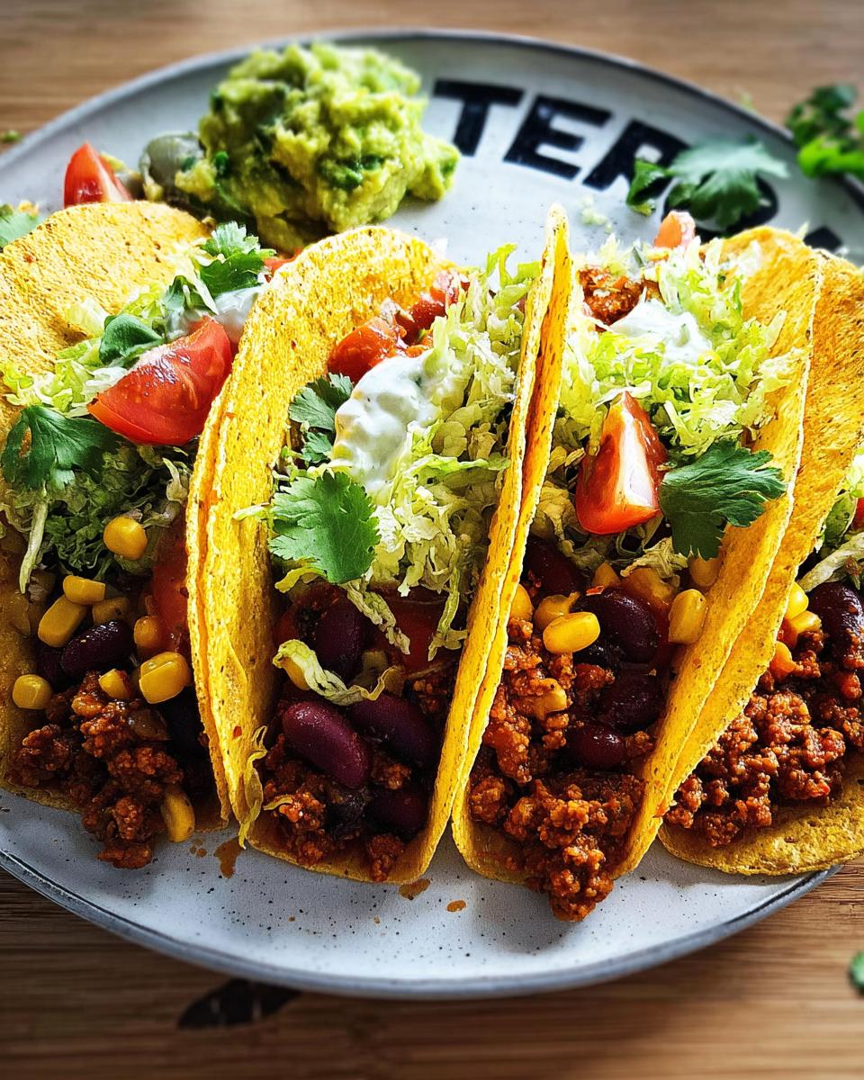 Nahaufnahme von vier gefüllten Tacos mit Hackfleisch, Bohnen, Mais, Salat und Guacamole – Tacos mit Bohnen, Mais & Guacamole.
