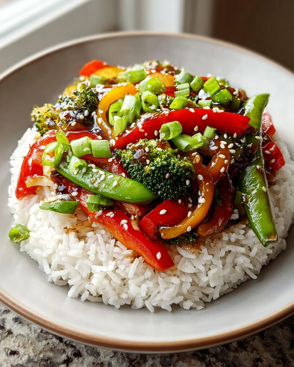 Nahaufnahme von Teriyaki-Gemüse mit Reis, garniert mit Frühlingszwiebeln und Sesam.