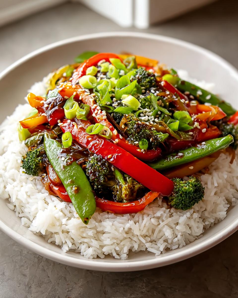 Bunte Gemüsepfanne mit Paprika, Brokkoli und Zuckerschoten in Teriyaki-Sauce auf weißem Reis, garniert mit Frühlingszwiebeln für Teriyaki-Gemüse mit Reis.