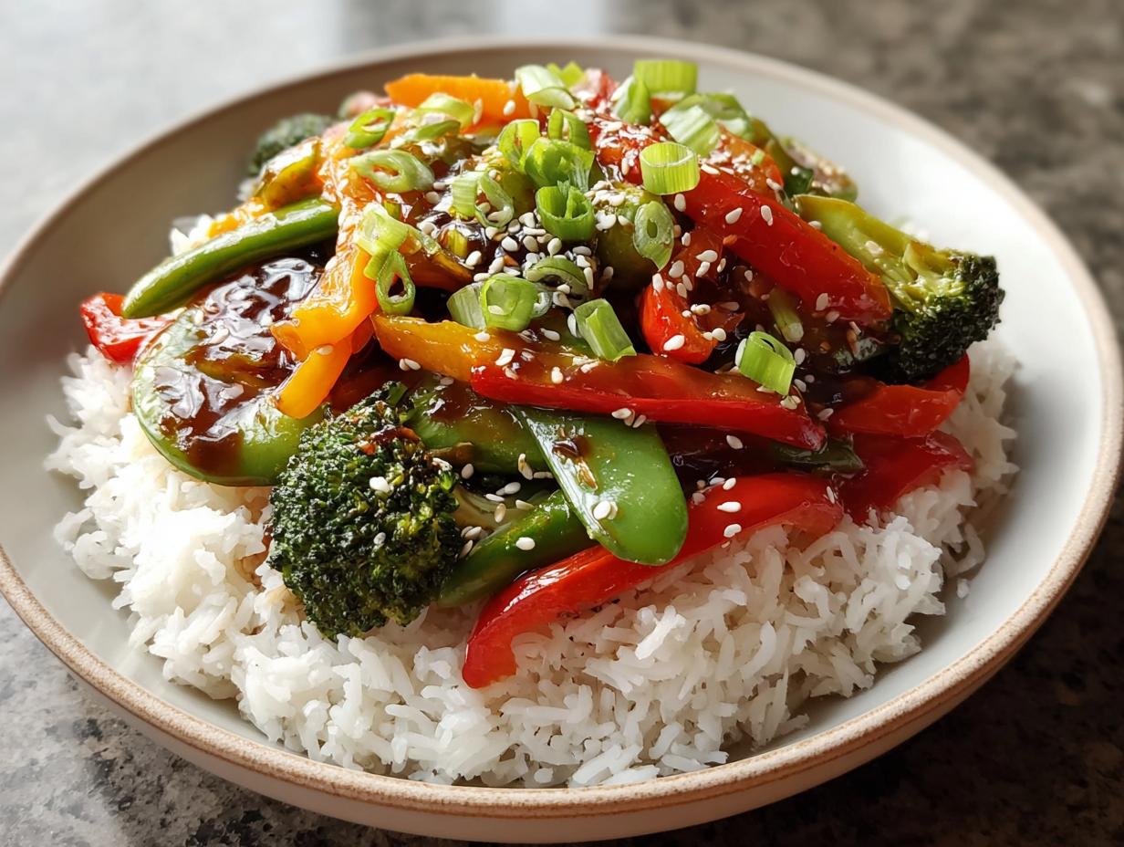 Nahaufnahme von Teriyaki-Gemüse mit Reis, garniert mit Frühlingszwiebeln und Sesam.
