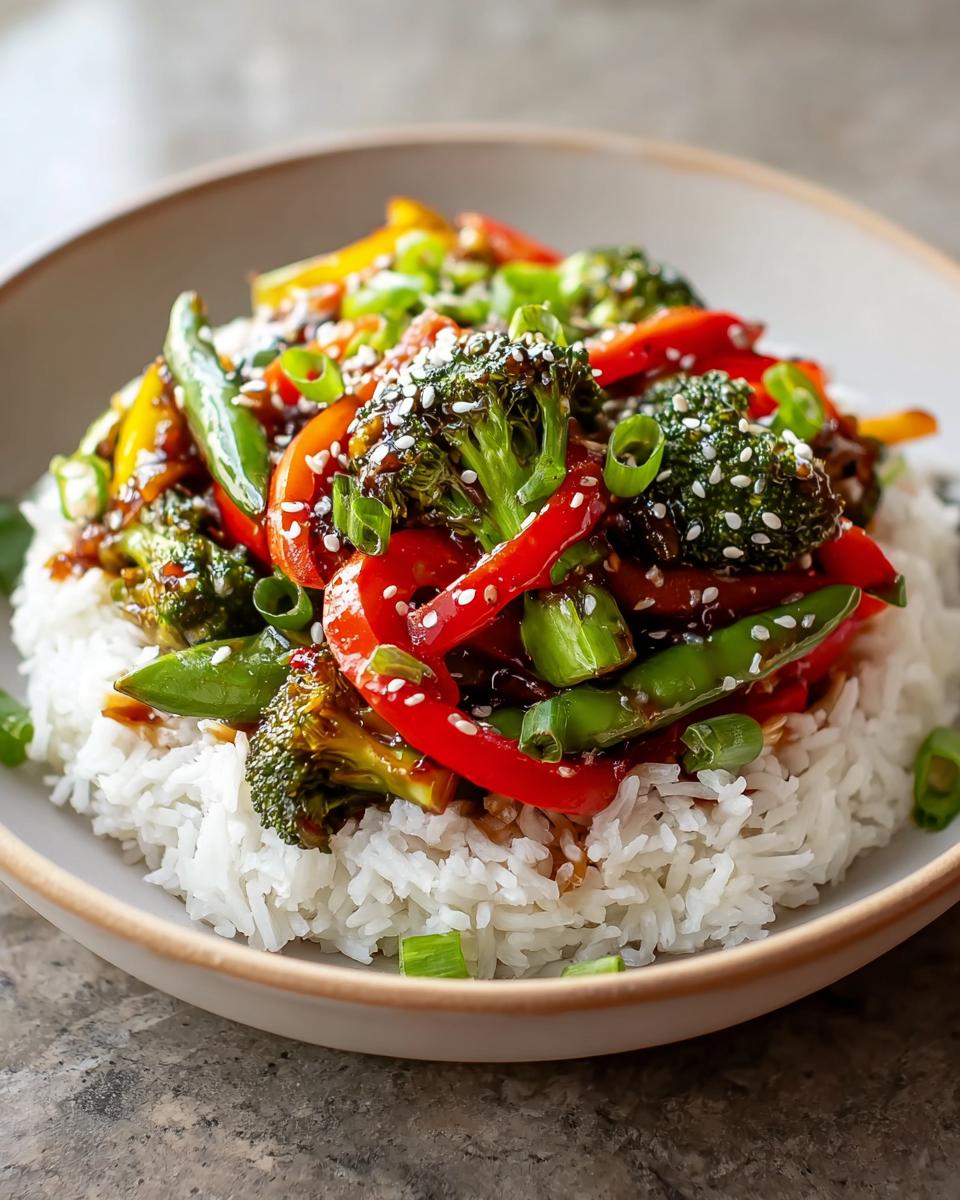 Nahaufnahme von Teriyaki-Gemüse mit Reis, garniert mit Sesam und Frühlingszwiebeln.