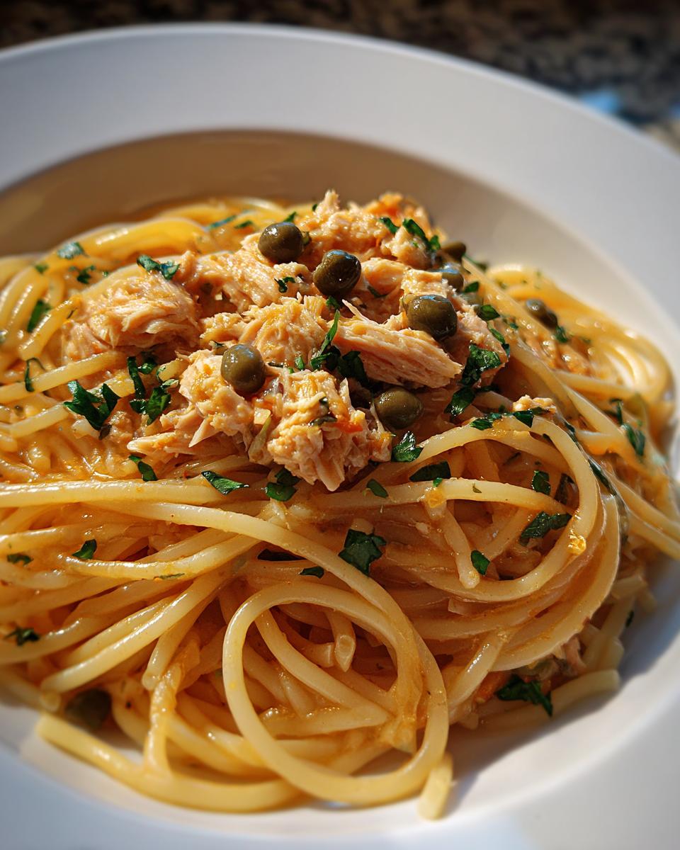 Nahaufnahme von Thunfisch-Pasta mit Kapern und Petersilie in einer weißen Schüssel.