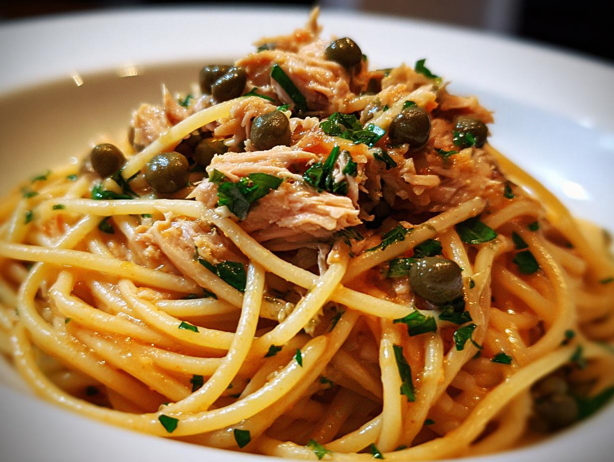 Nahaufnahme von köstlicher Thunfisch-Pasta mit Kapern und frischer Petersilie auf Spaghetti.