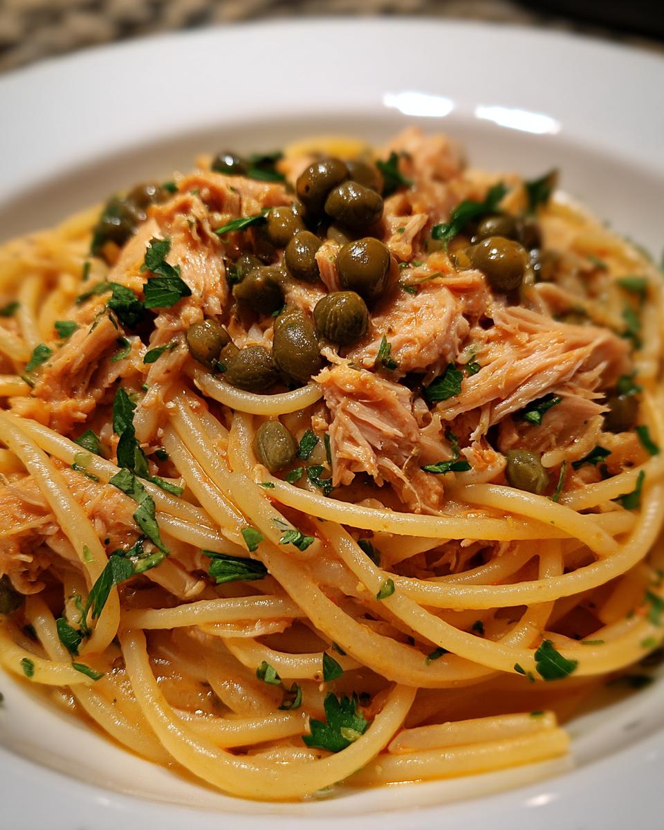 Nahaufnahme von Thunfisch-Pasta mit Kapern und Zitrone, garniert mit frischer Petersilie in einer weißen Schüssel.
