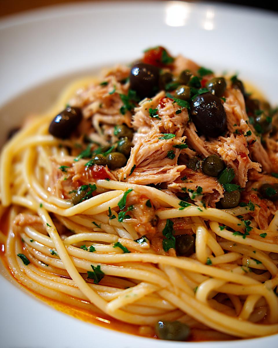 Nahaufnahme einer Portion Thunfisch-Pasta mit Kapern, schwarzen Oliven und Petersilie.