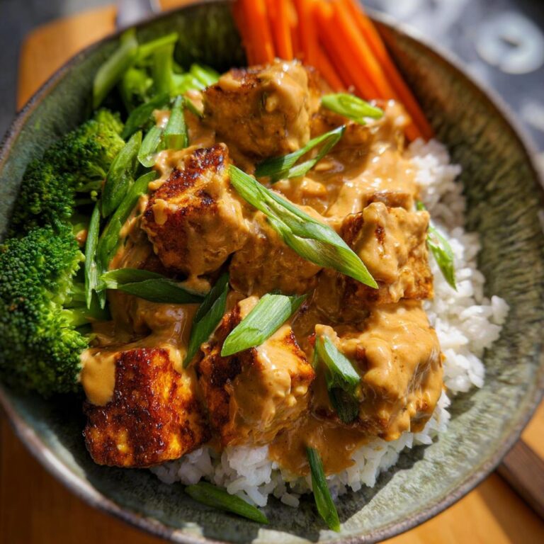 Gebratener Tofu in cremiger Erdnusssauce mit Reis, Brokkoli und Karottenstreifen – Tofu in Erdnusssauce mit Reis.