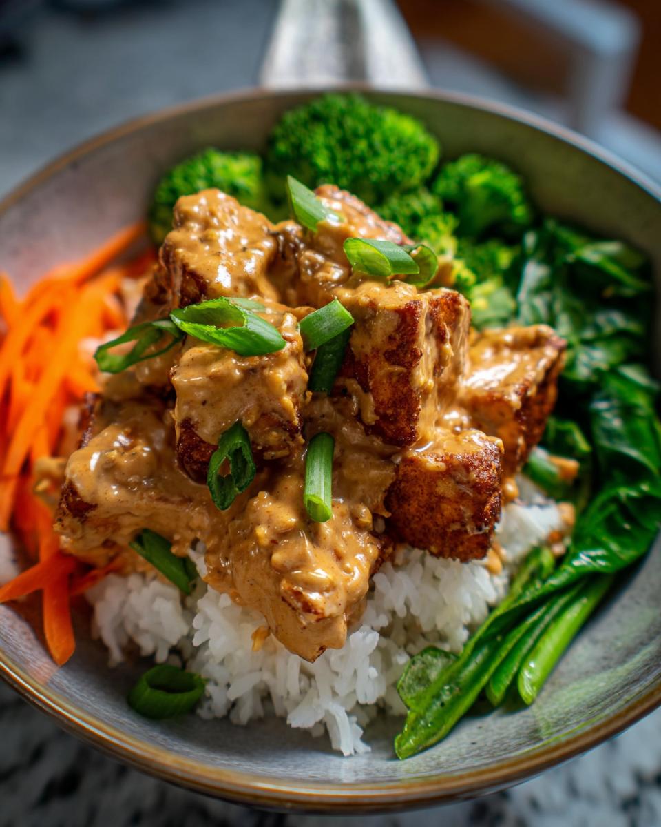 Nahaufnahme einer Schüssel mit Tofu in Erdnusssauce mit Reis, garniert mit Brokkoli, Karotten und Frühlingszwiebeln.