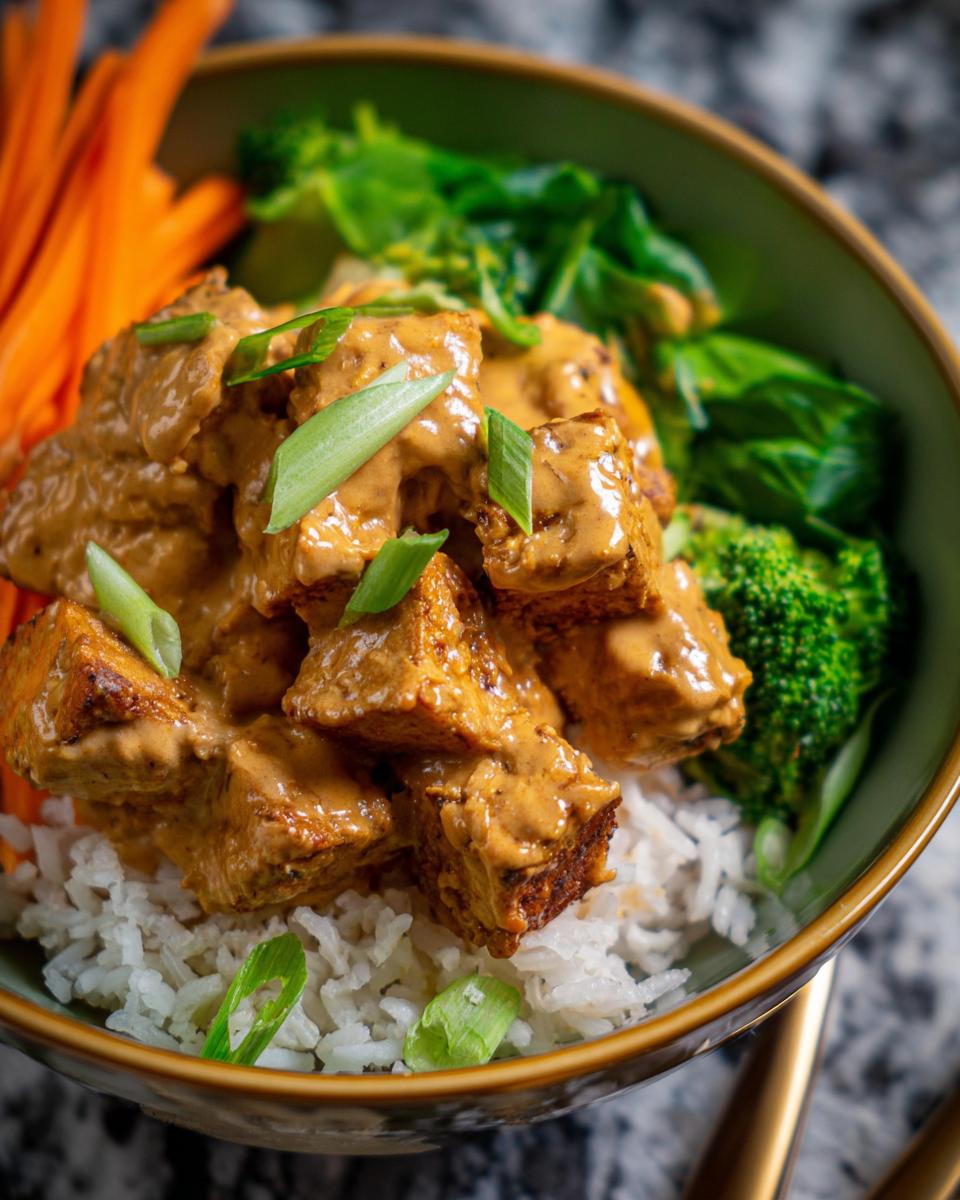 Nahaufnahme von Tofu in Erdnusssauce mit Reis, garniert mit Frühlingszwiebeln und Gemüse.