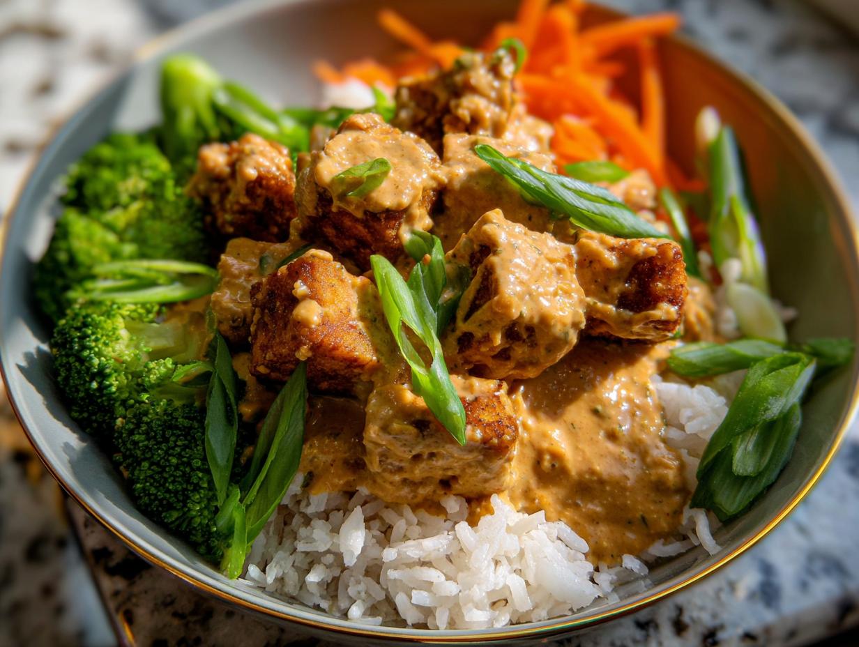 Nahaufnahme einer Schüssel mit Tofu in Erdnusssauce mit Reis, Brokkoli und Karottenstreifen.