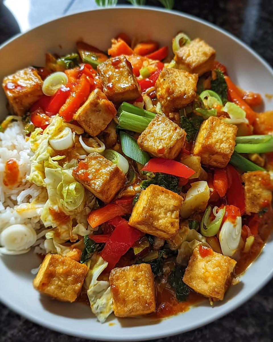 Nahaufnahme einer Schüssel mit Tofu Sweet-Chili-Pfanne mit Gemüse, garniert mit Frühlingszwiebeln und serviert mit Reis.
